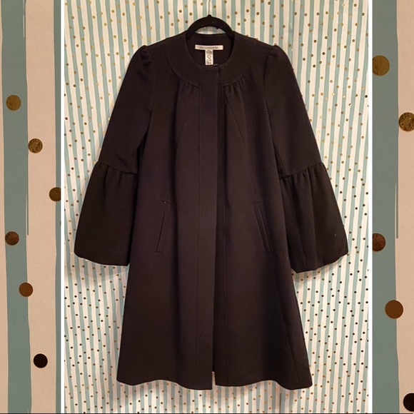 Diane Von Furstenberg Black Wool Bell Sleeve Swing Coat Size 2